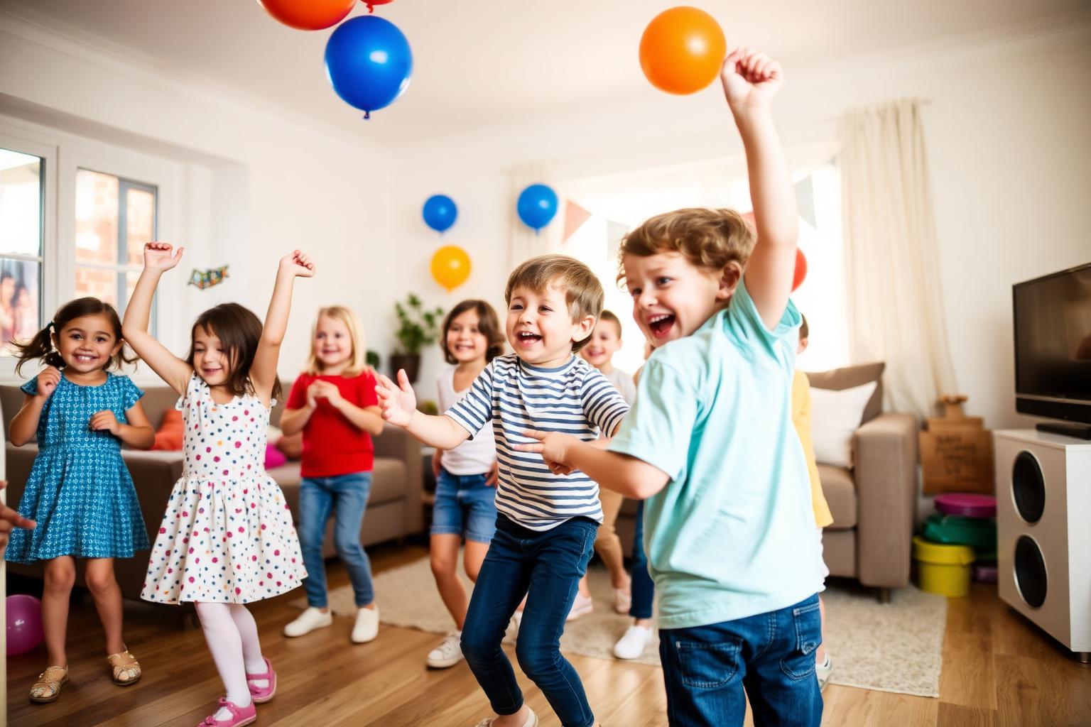 Children dancing happily with balloons and bunting at bright kids birthday party