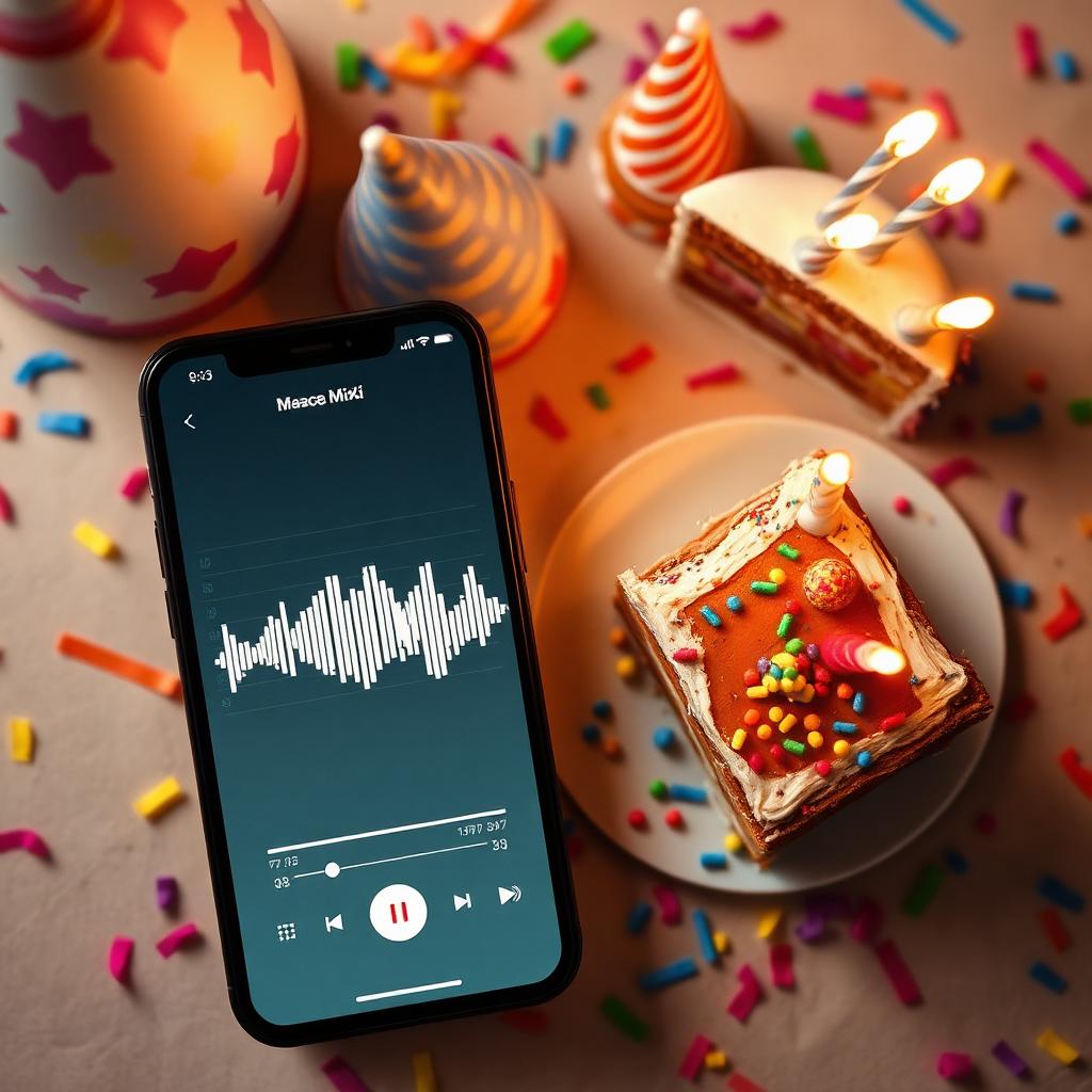 Phone playing music on colourful party table with cake slice, party hats and confetti