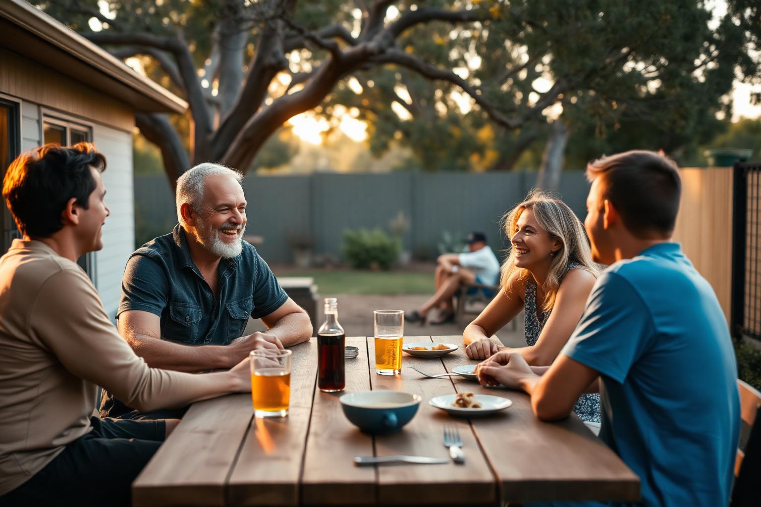 Australian dad laughing with adult children in backyard at golden hour