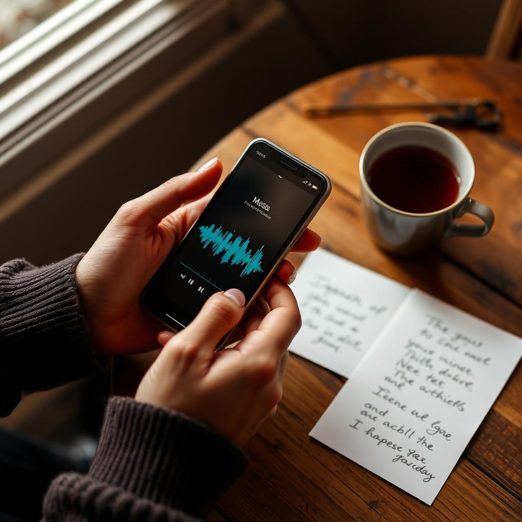 Hands holding phone playing personalised song waveform beside handwritten card