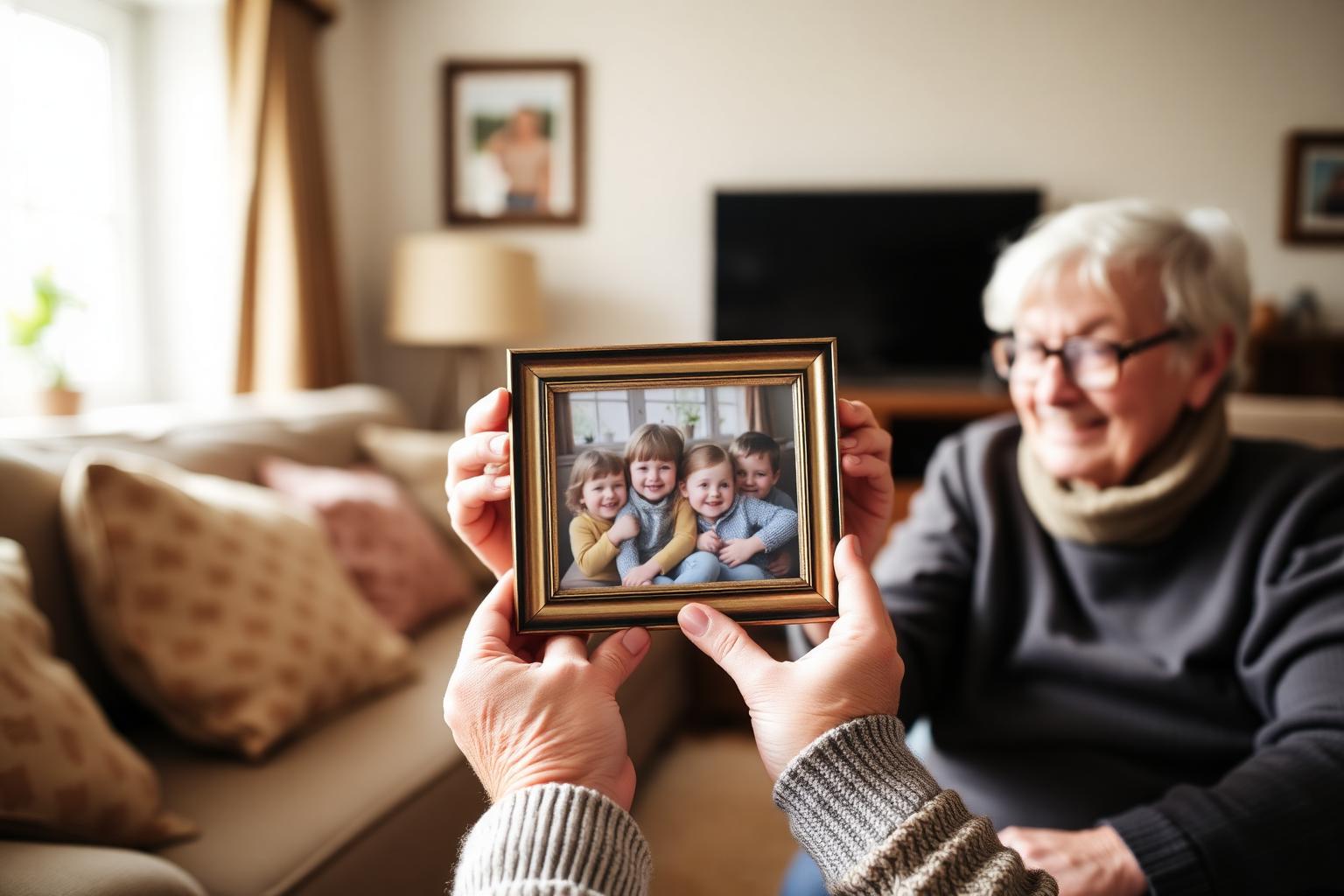 Grandparents hands holding beautifully framed photo of grandchildren in sunlit lounge