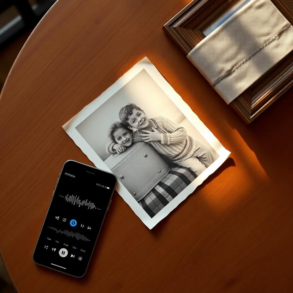 Restored old family photo beside phone with personalised song and wrapped wooden frame