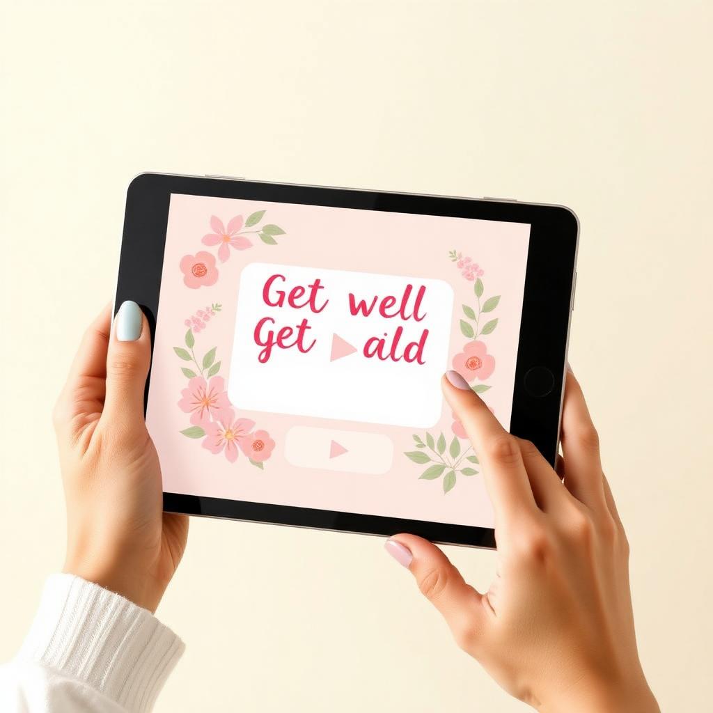 Tablet showing an animated get well card with play button and floral illustration