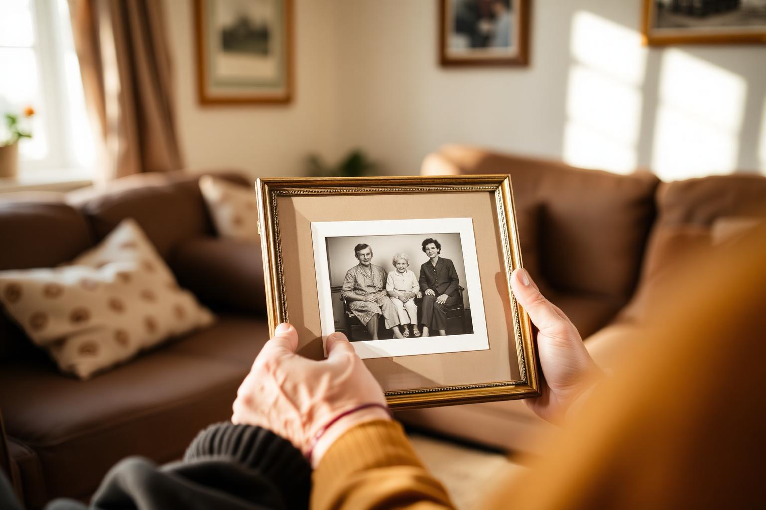 Older hands gently unwrapping framed restored old family photo in sunlit lounge
