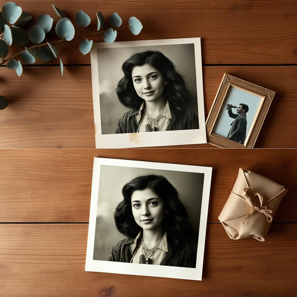 Split view of faded old photo beside vivid restored version on wooden table with wrapped frame