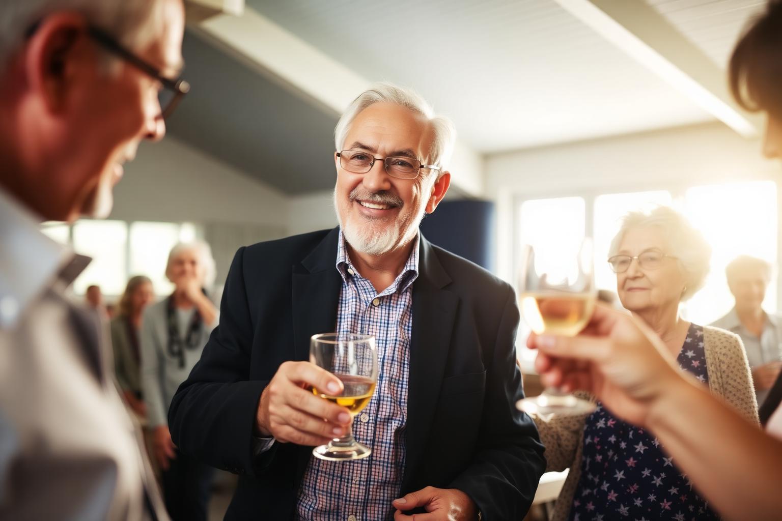 Retiree smiling and being toasted by colleagues at warm retirement party