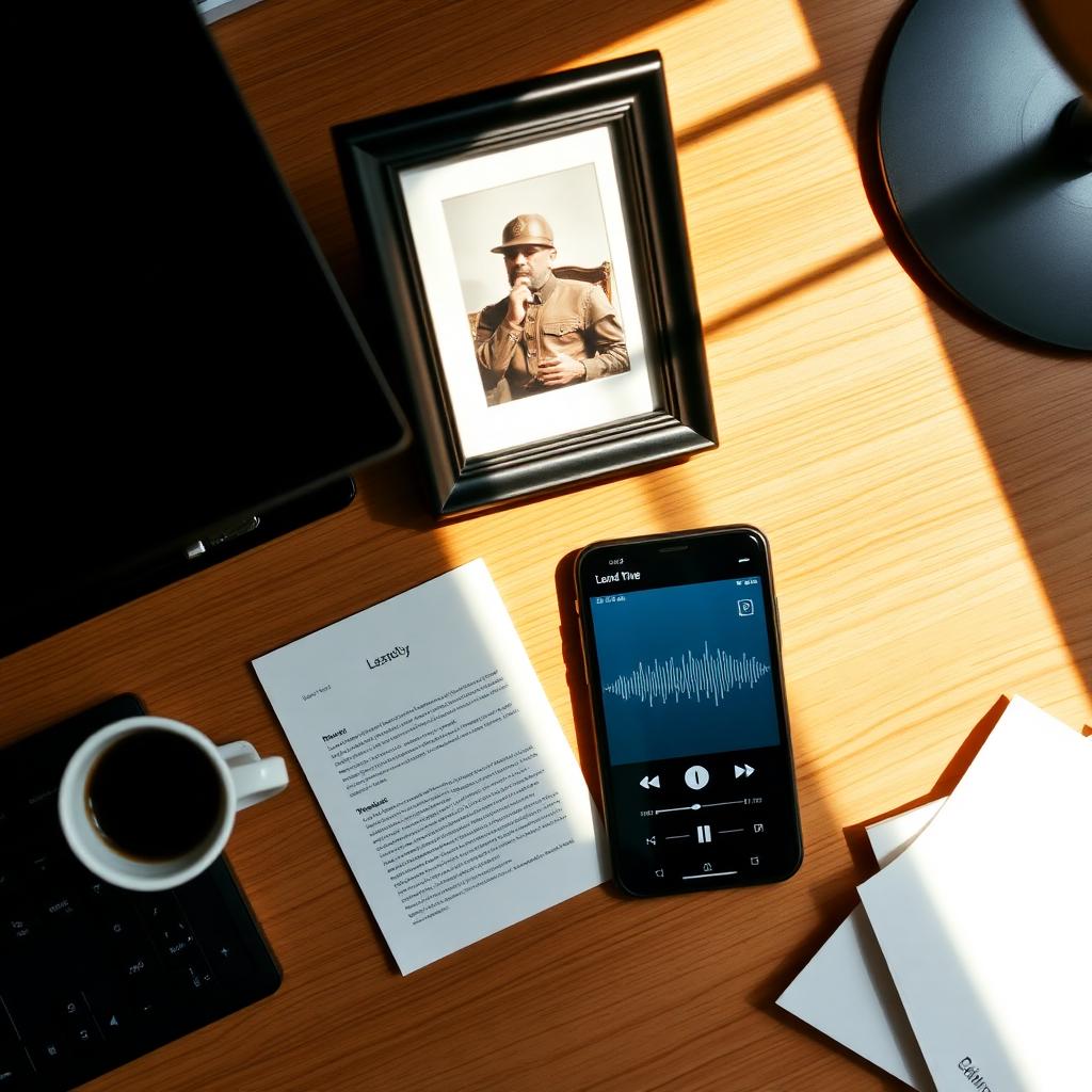 Office desk being cleared on last day with framed photo, phone with song and letter
