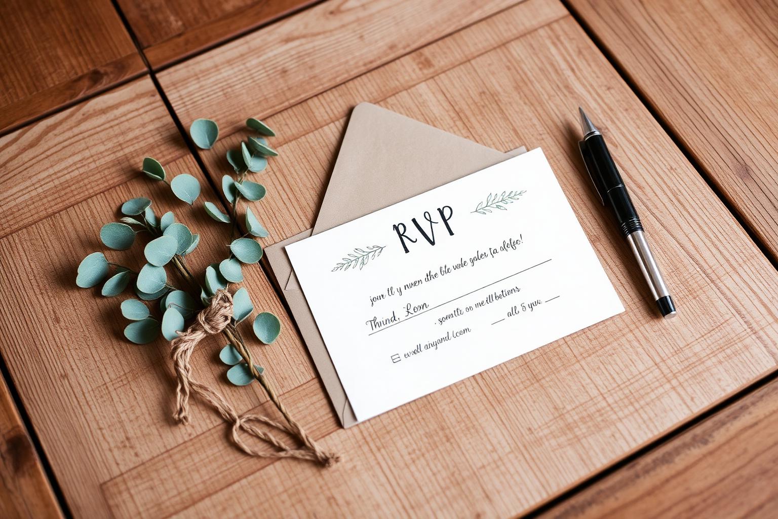 Rustic wedding RSVP card on wooden barn table with eucalyptus sprigs and kraft envelope
