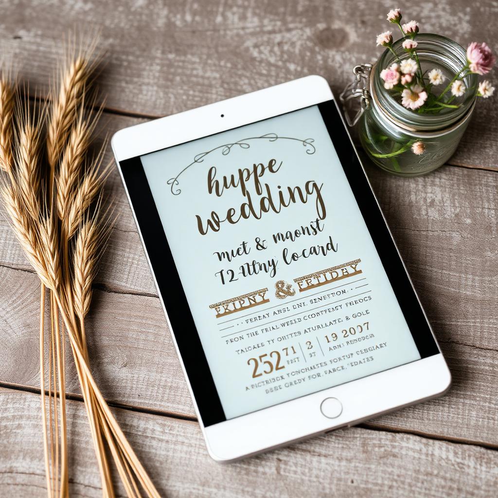 Tablet showing rustic digital wedding invitation beside wheat stems and mason jar of wildflowers