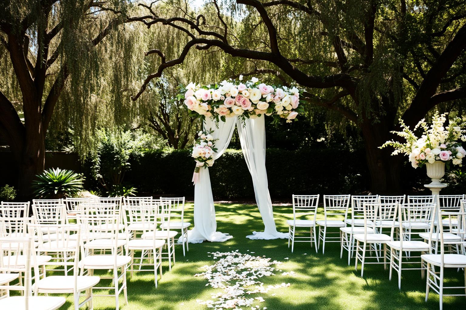 Outdoor spring wedding ceremony with floral arch and white chairs in garden