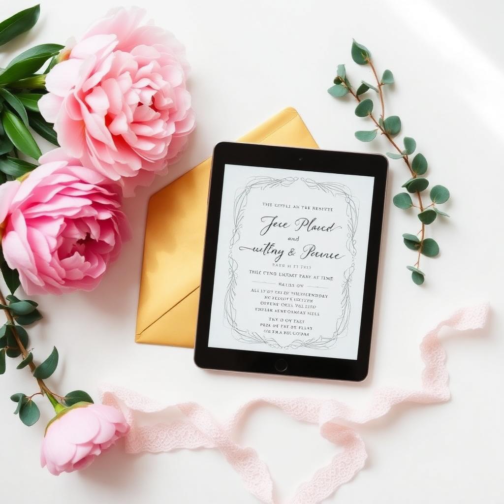 Digital wedding invitation on tablet with peonies and eucalyptus styled flat lay