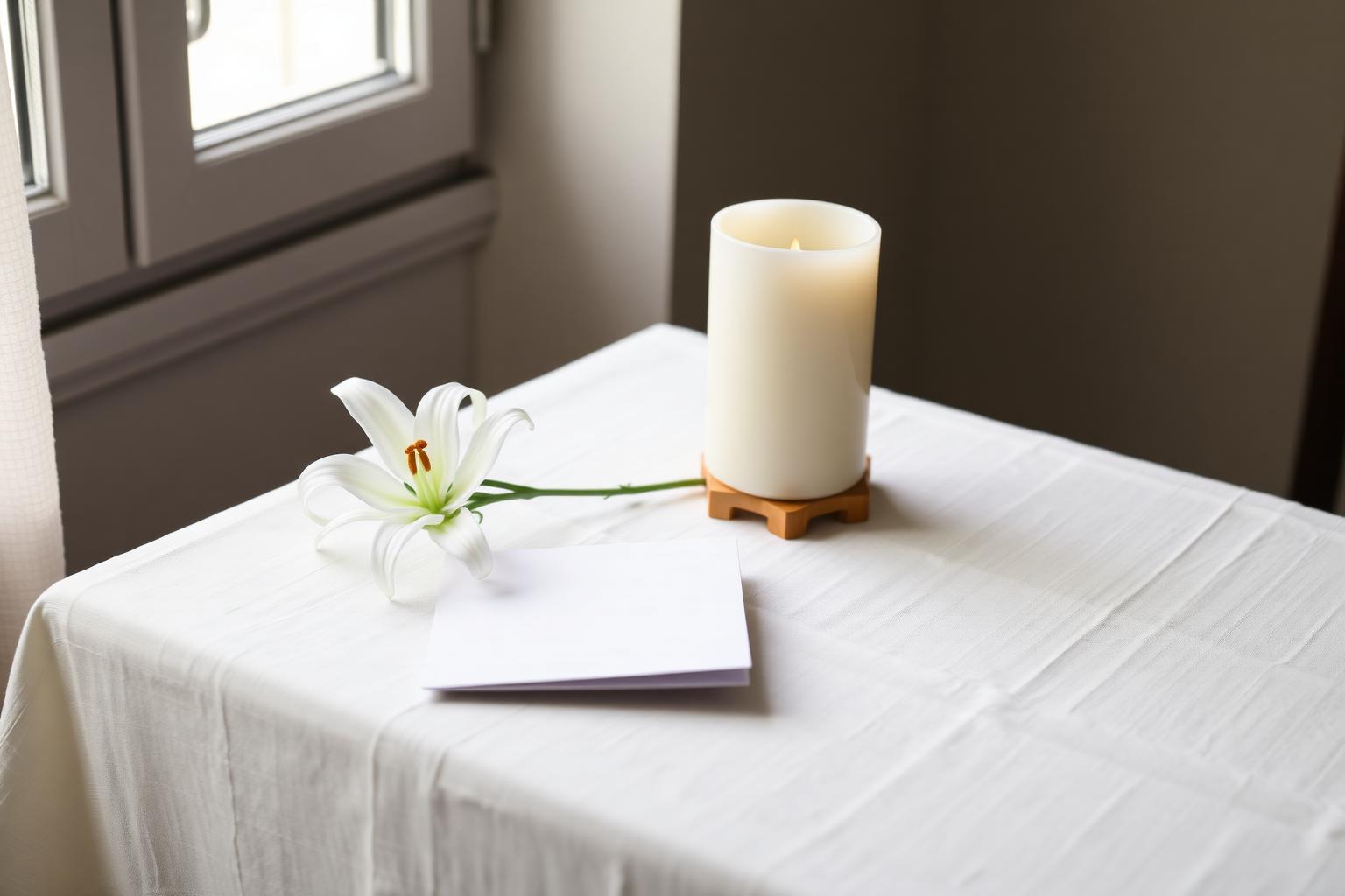 White lily beside unlit candle and folded card on linen tablecloth in soft light