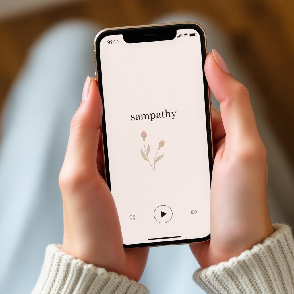 Hands holding phone showing a simple sympathy card with a play button