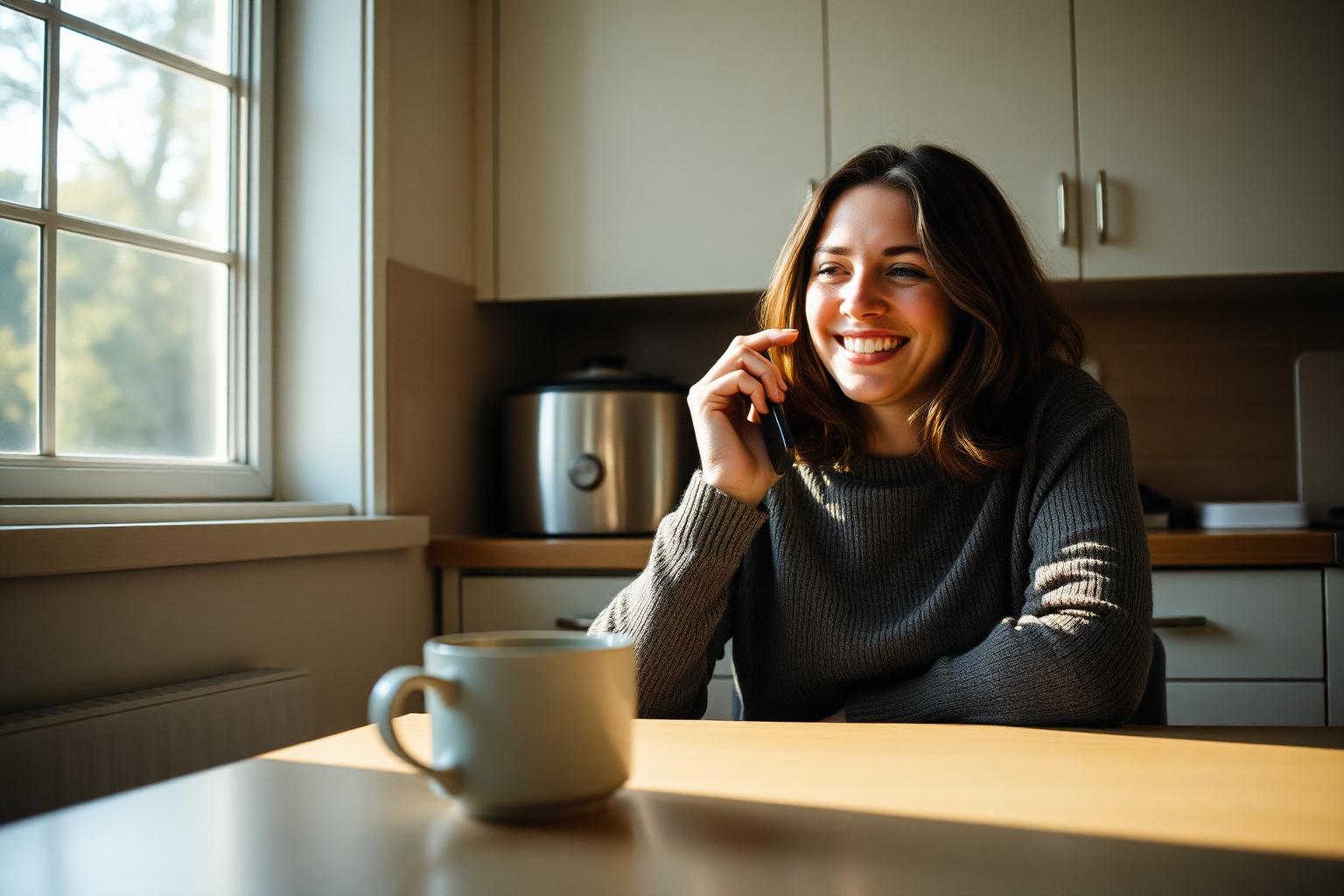 Person smiling while holding phone in sunny kitchen with mug of tea