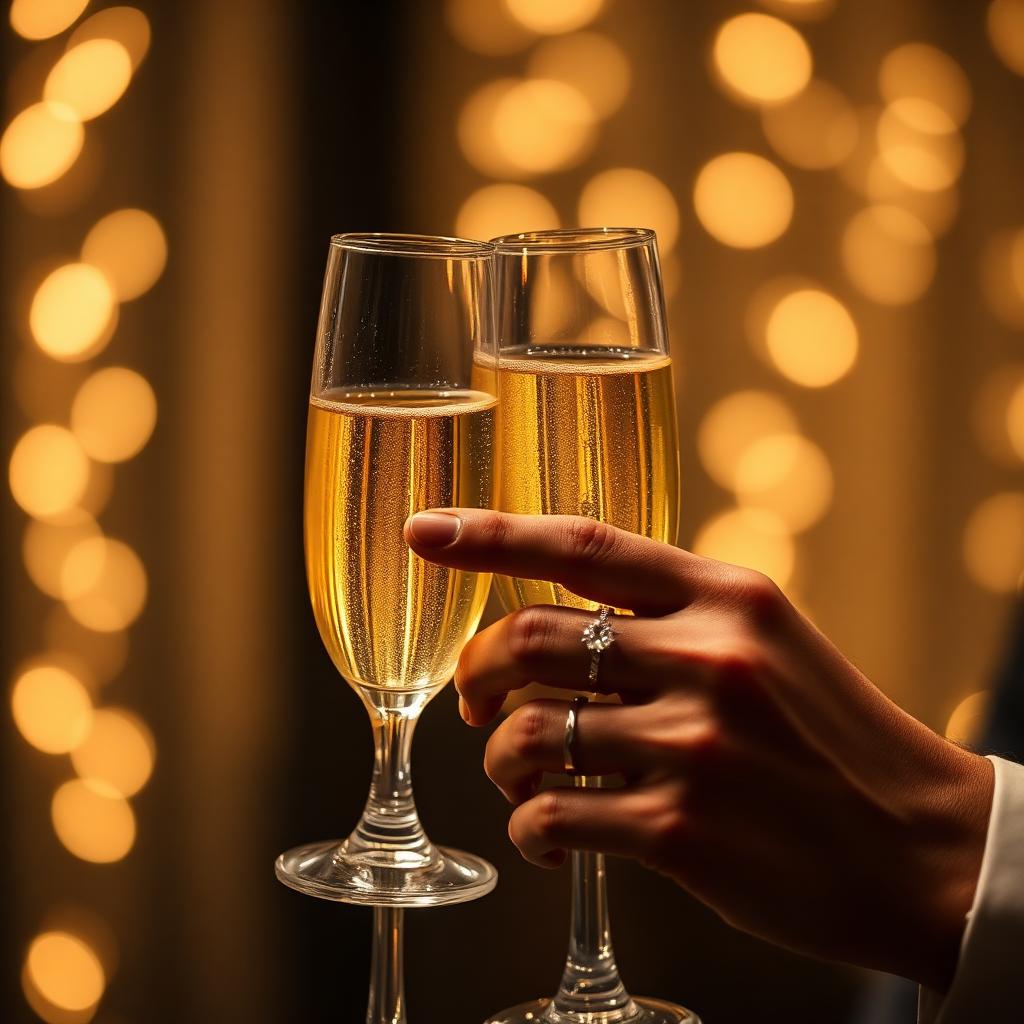 Champagne flutes clinking with engagement ring at romantic party