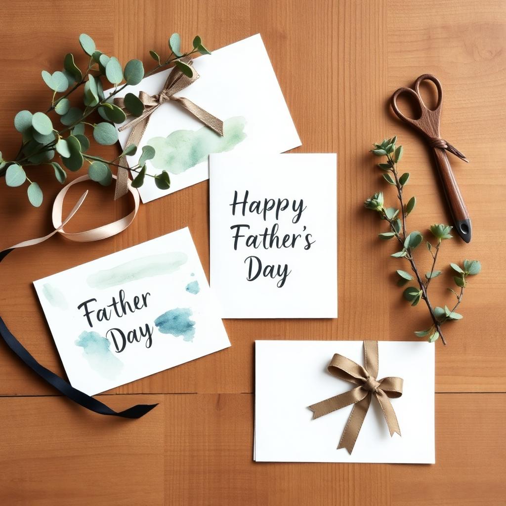 Handmade watercolour Father's Day cards on a wooden desk