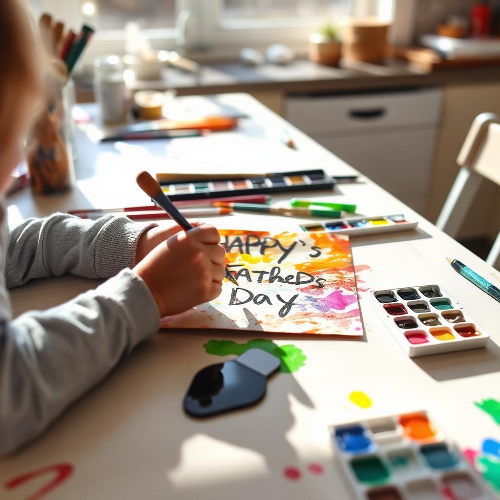 Child painting a colourful homemade Father's Day card with watercolours