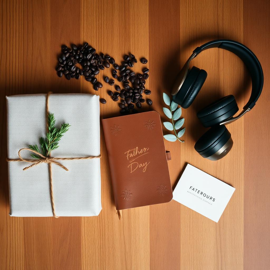 Flat lay of Father's Day gifts in earthy tones