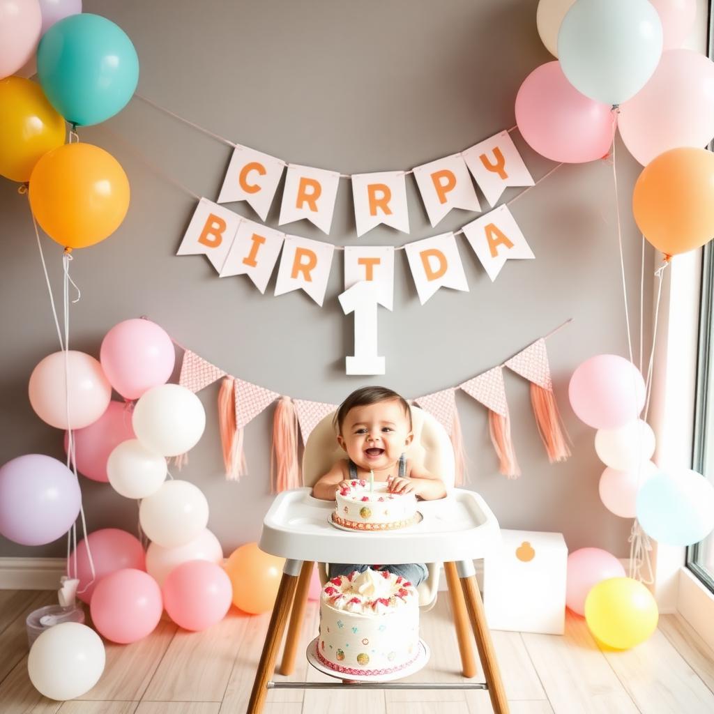Modern first birthday party setup with pastel balloons and smash cake