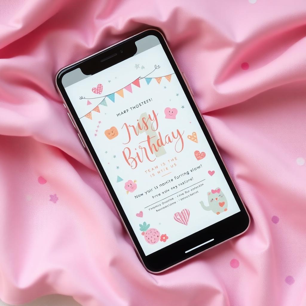 Phone showing a pastel first birthday digital invitation on pink fabric