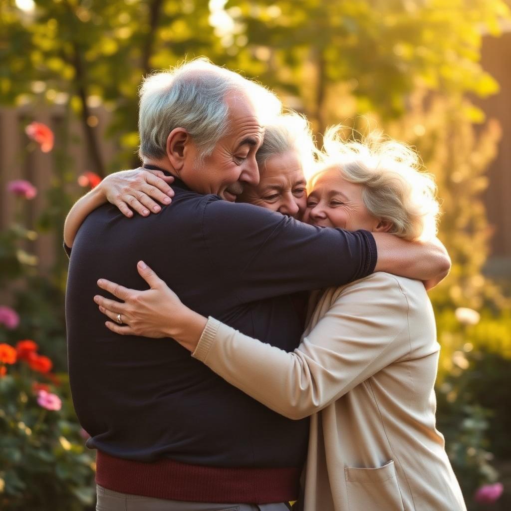 Grandparents hugging grandchildren in sunlit garden