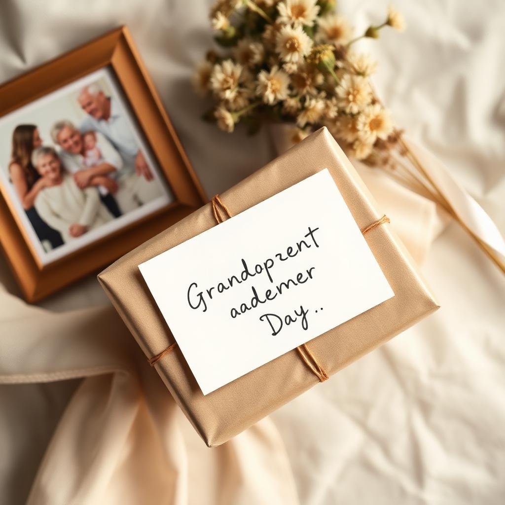 Wrapped Grandparents Day gift with family photo frame and dried flowers