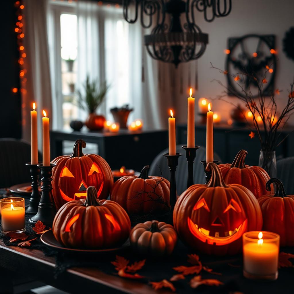Stylish Halloween party scene with carved pumpkins and candles