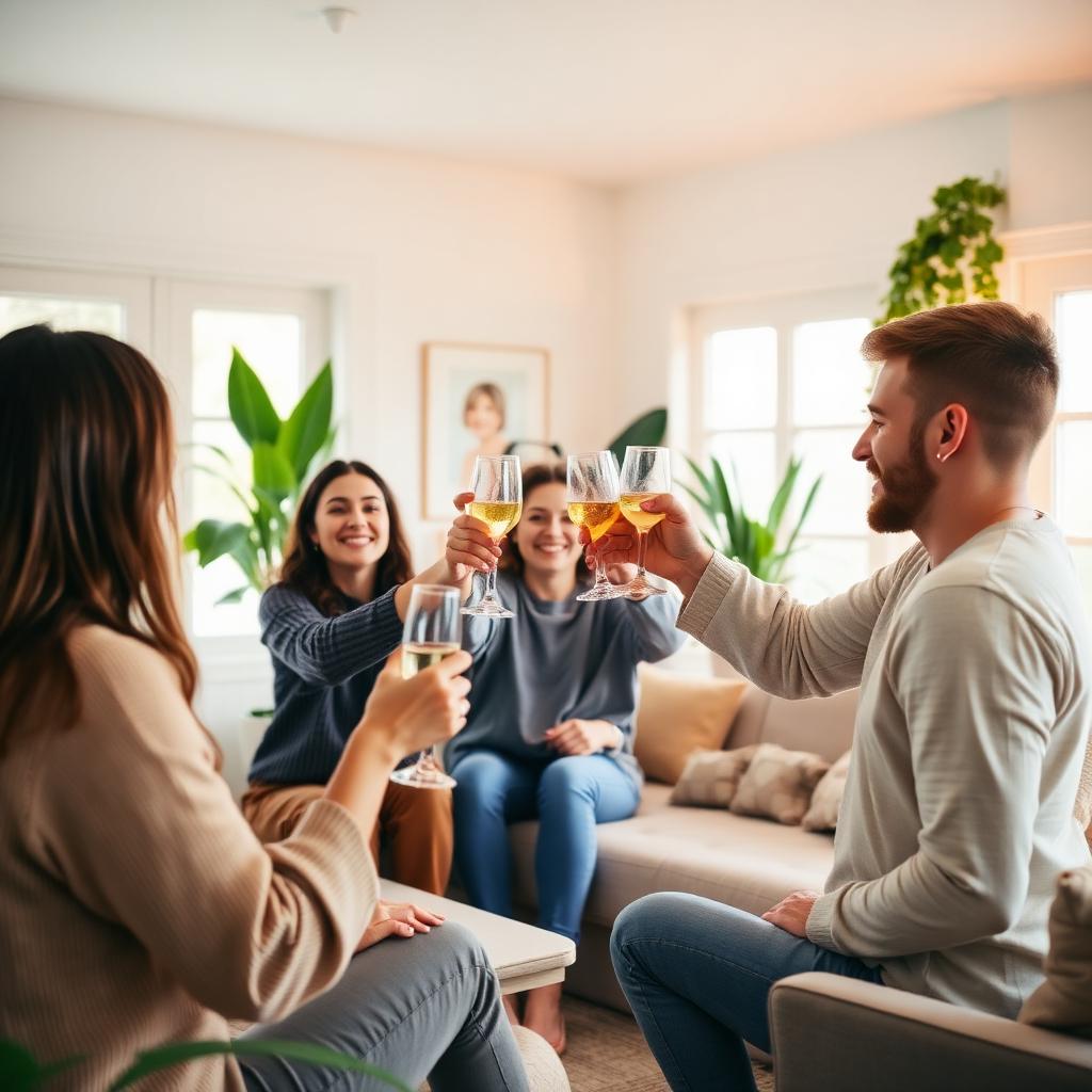 Friends raising glasses in modern housewarming living room