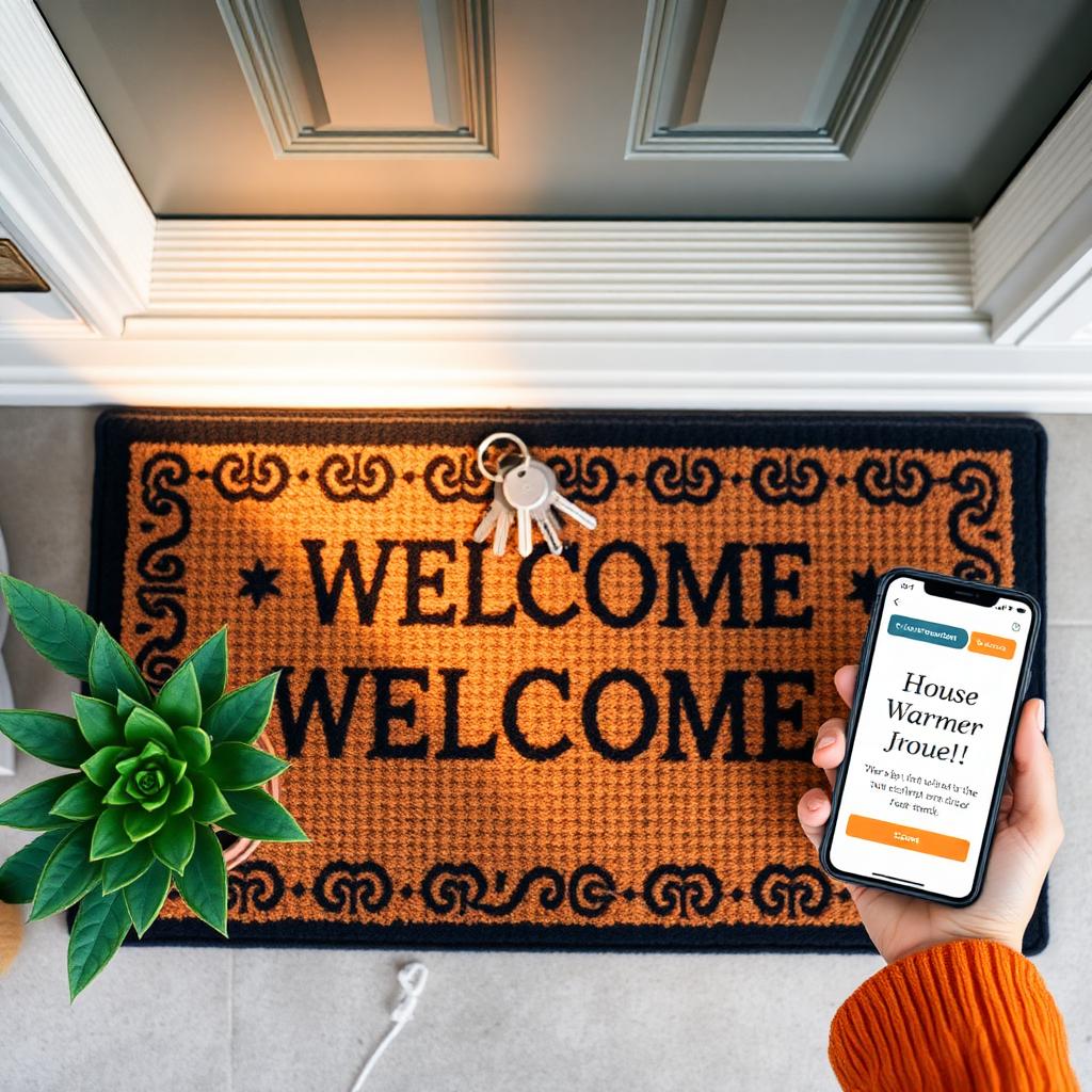 Welcome mat at front door with keys and digital housewarming invitation on phone