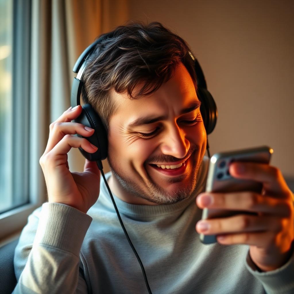 Father listening to a personalised song on headphones with eyes closed