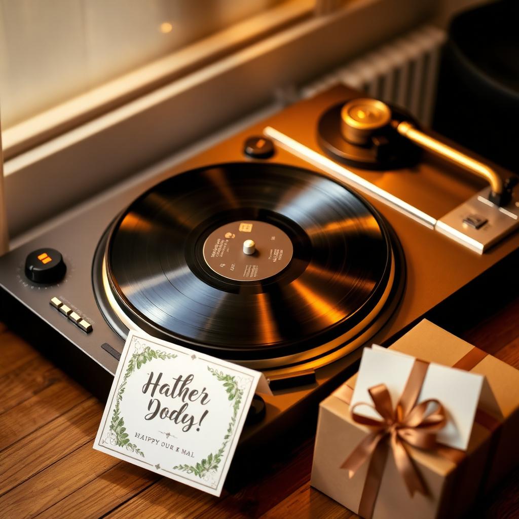 Vinyl record on turntable beside Father's Day card and gift