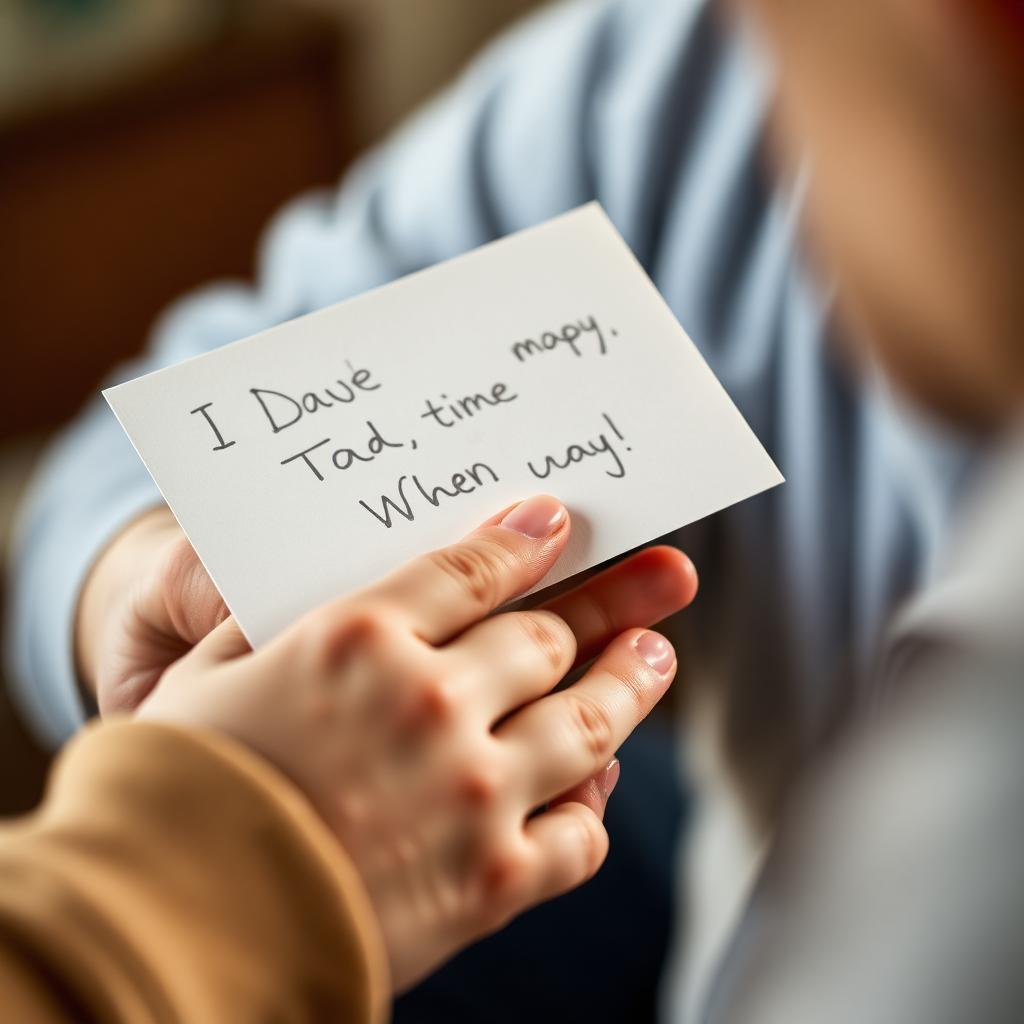 Child handing a handwritten Father's Day card to Dad