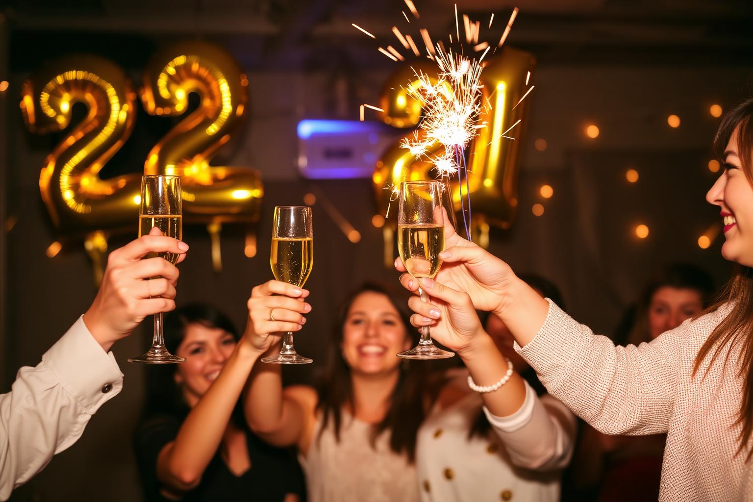 Friends raising champagne flutes with sparklers and gold 21 balloons