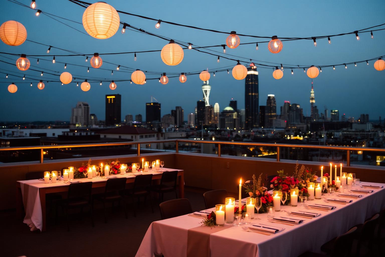 Rooftop birthday dinner at dusk with festoon lights, candles and the city skyline