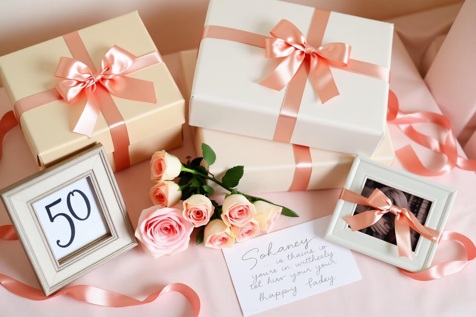 Elegant 50th birthday gift table with rose gold wrapped boxes, roses and a photo frame