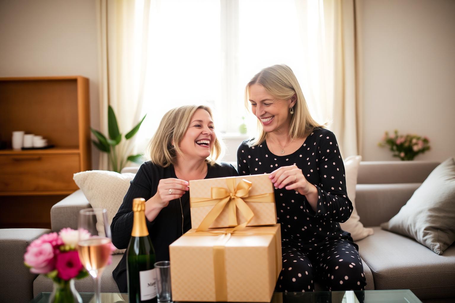 Mother and daughter laughing as they unwrap a 50th birthday gift in a sunlit living room