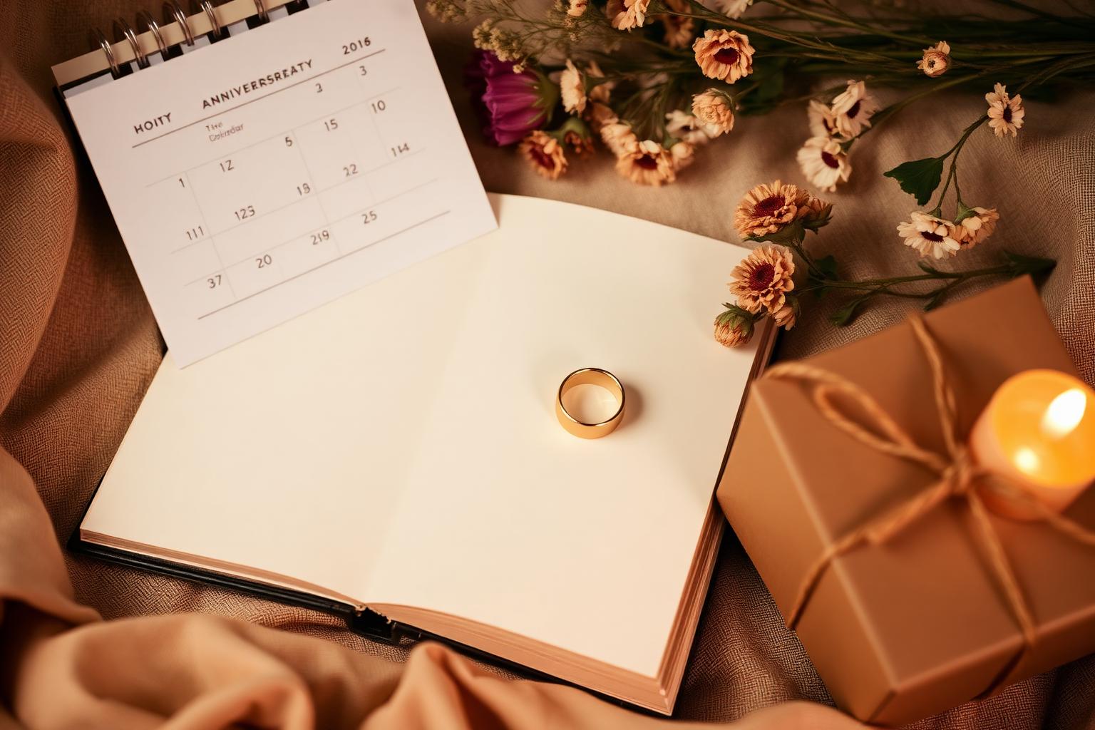Anniversary scene with two gold rings on an open book, candle, dried flowers and a wrapped gift