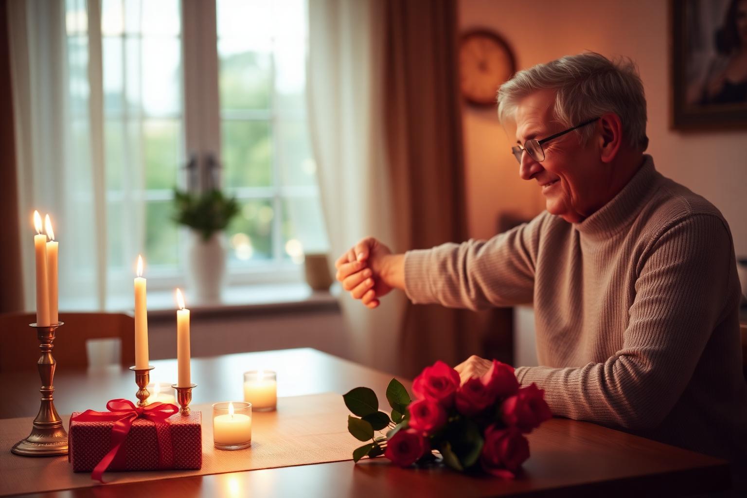 Couple in their fifties holding hands across a candlelit anniversary dinner table