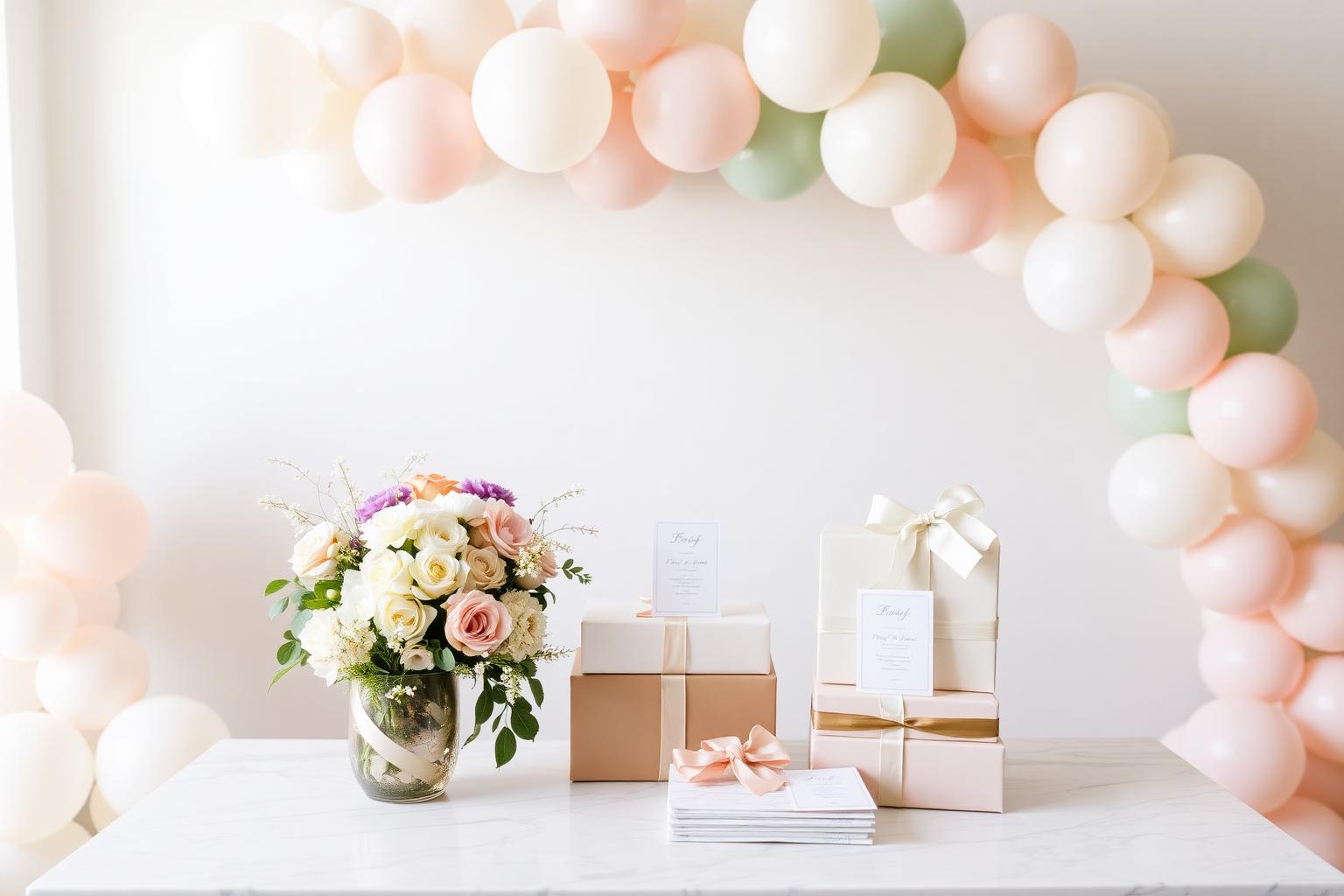 Modern baby shower with pastel balloon arch, florals and invitation cards on a marble table