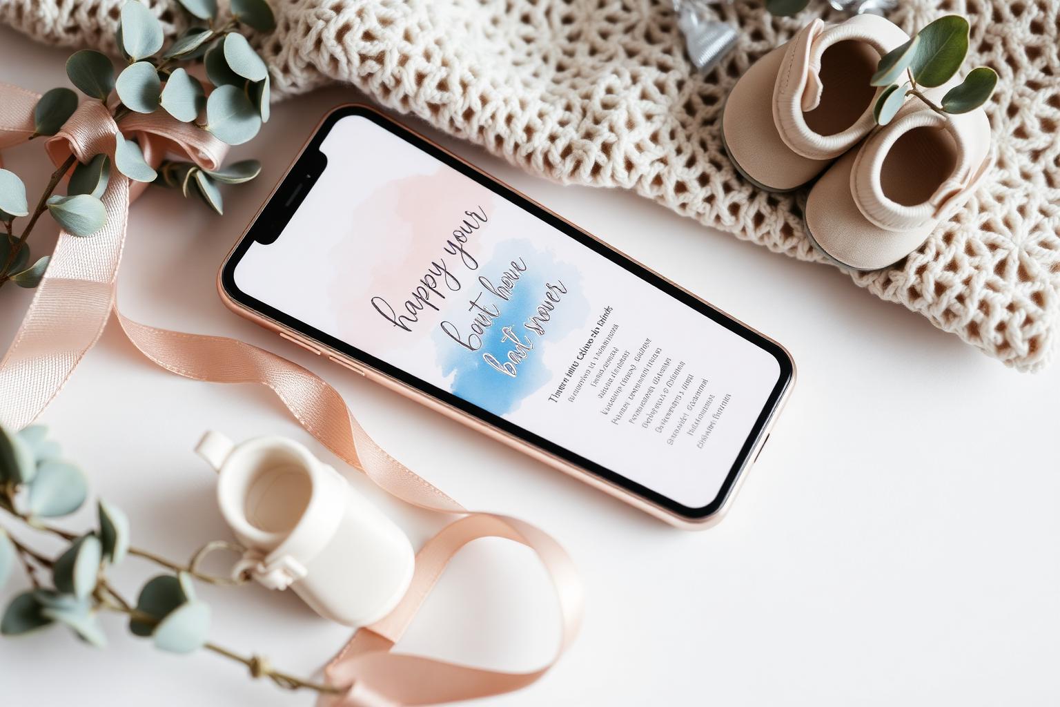 Phone showing a watercolour digital baby shower invitation next to baby shoes and eucalyptus