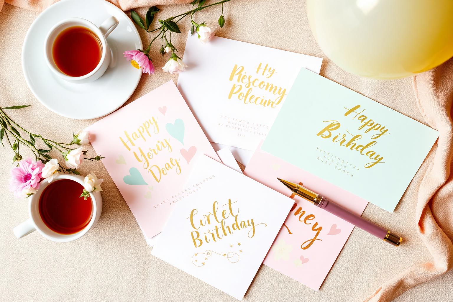 Birthday greeting cards in pastel pinks, mint and gold with tea, flowers and a fountain pen