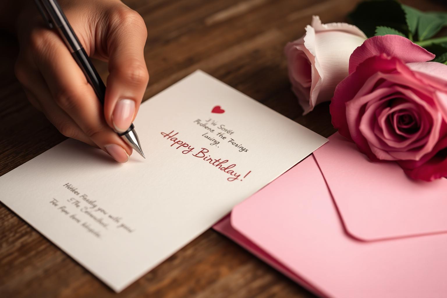 Hand writing a heartfelt birthday message in a greeting card with a pink envelope and roses