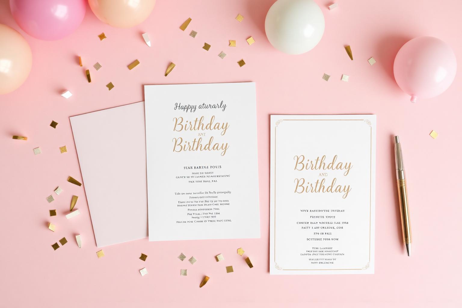 Modern birthday invitations with confetti, balloons and gold accents on a pink background