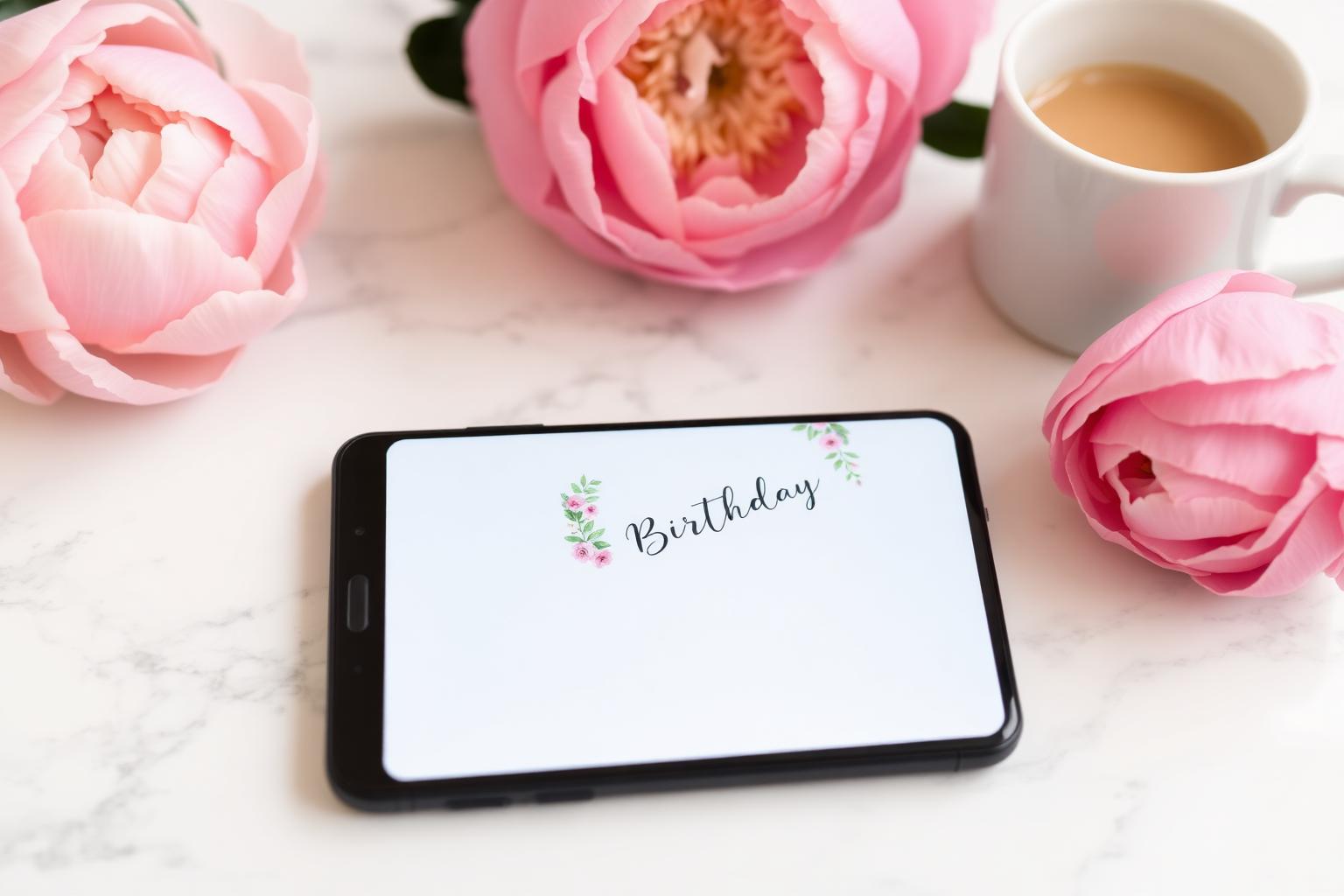 Phone showing a floral digital birthday invitation on a marble table with peonies and coffee