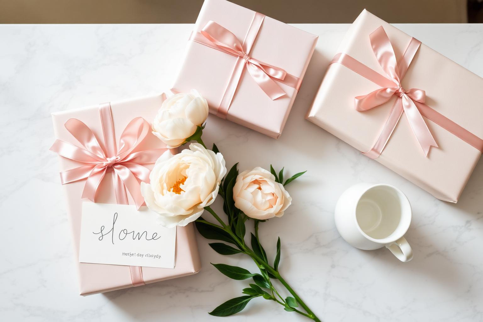 Mother's Day style gifts wrapped in blush pink and cream with peonies and a handwritten card