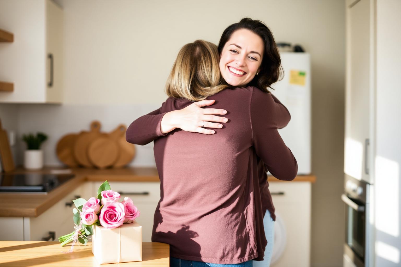 Adult daughter hugging her smiling mum in a sunlit kitchen with a wrapped gift and pink roses
