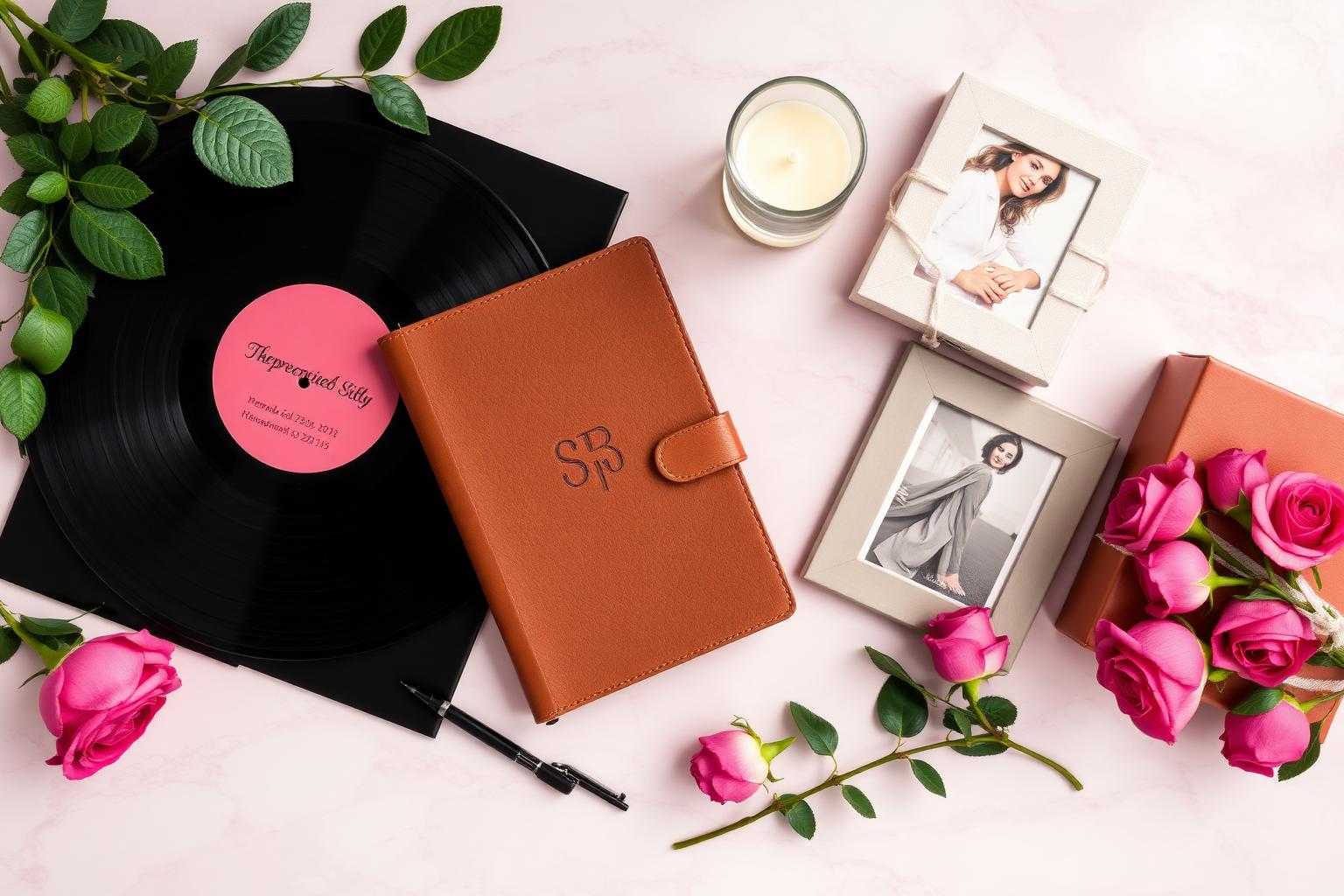 Luxurious personalised birthday gifts: vinyl record, monogrammed notebook, candle and photo frame