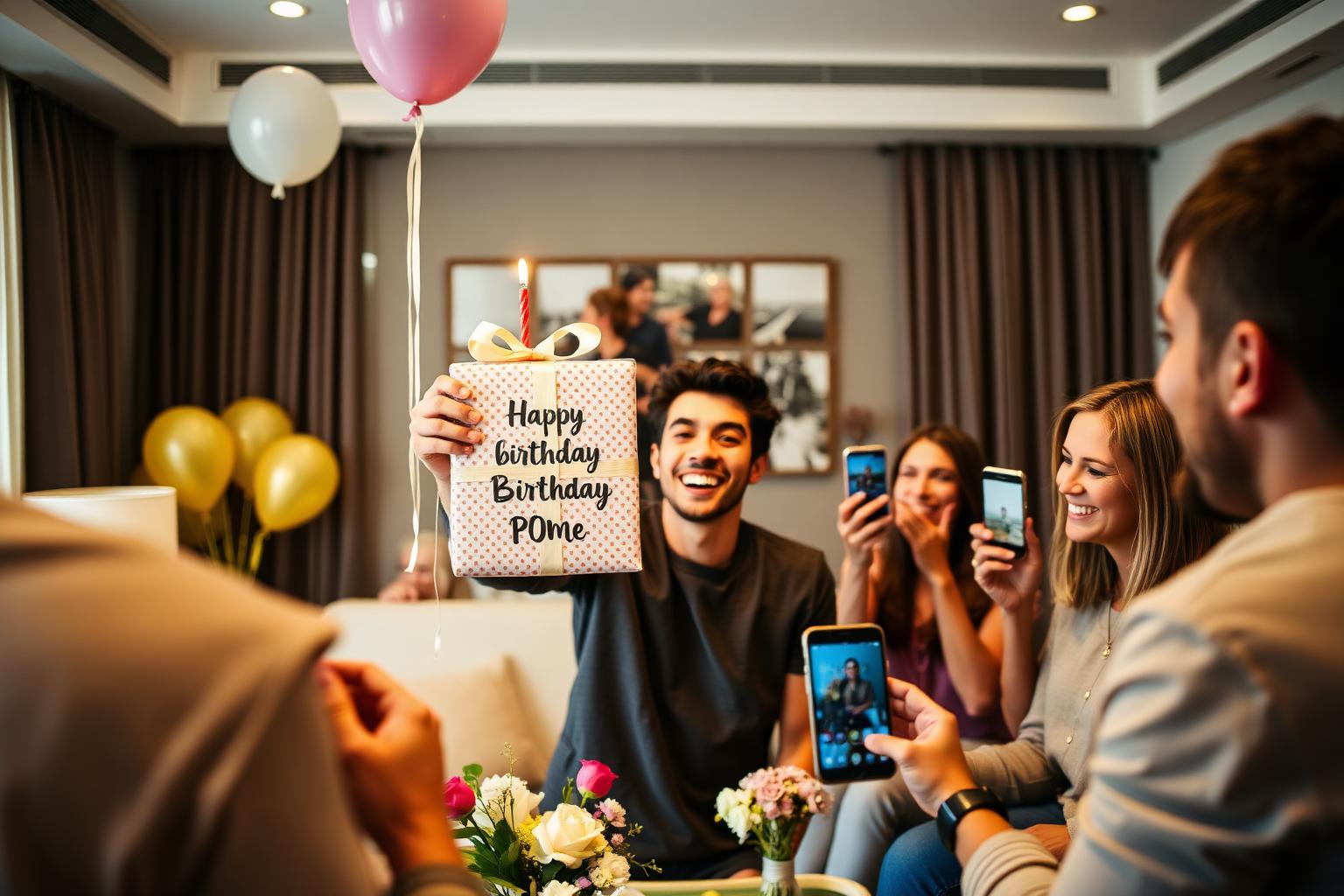 Birthday person holding a personalised gift while friends record on their phones at a party