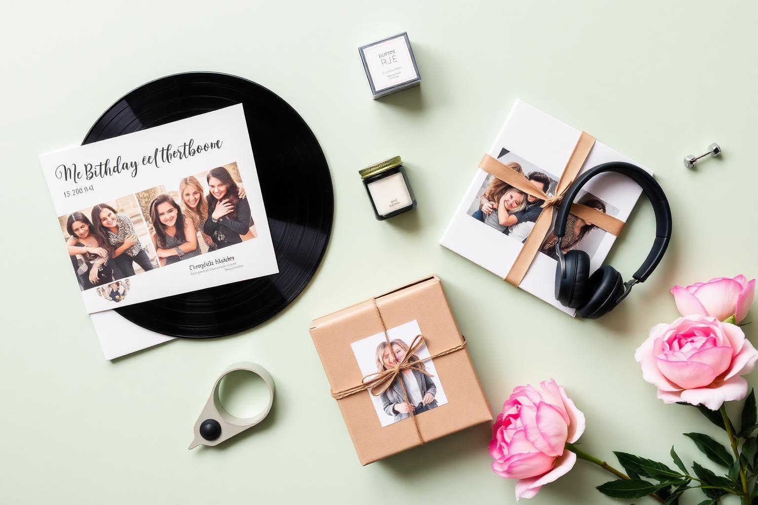 Curated unique birthday gifts including vinyl, photo book, headphones and peonies on sage background