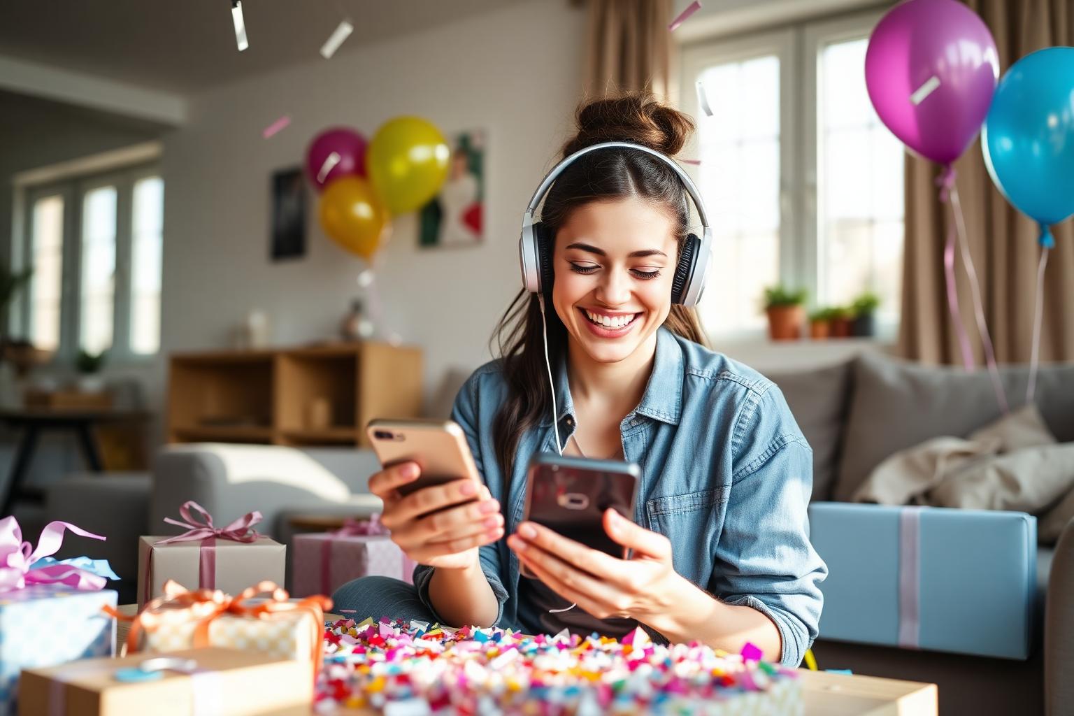 Young woman smiling while listening to a personalised birthday song with confetti and gifts